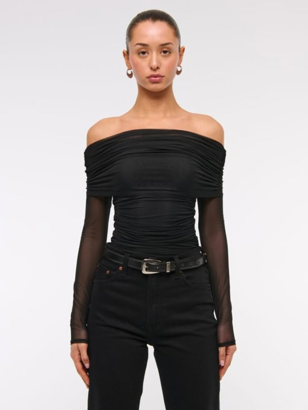 Abercrombie & Fitch Long-Sleeve Mesh Foldover Bodysuit in Black NEW